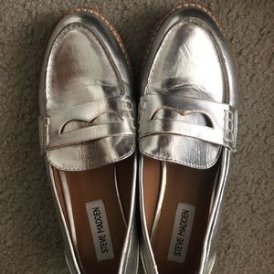 Metallic silver patent leather loafers size 6
